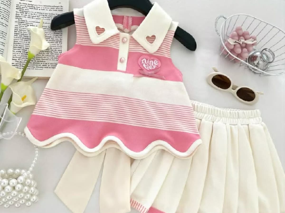 Pink & Cream Baby Girl Dress Set — Sleeveless Collar Top + Elastic Skirt (Kids & Baby)